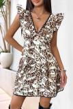 Sexy Skull Head Leopard Print Flounce V Neck Printed Dresses