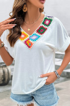 Casual Flowers Weave V Neck T-Shirts