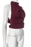 Sexy Solid Color Lace Up Backless Ruched Halter Tops