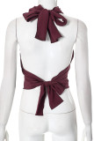 Sexy Solid Color Lace Up Backless Ruched Halter Tops