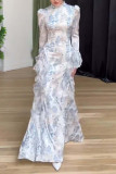 Elegant Floral Print Flounce Half A Turtleneck Long Dresses