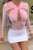 Sexy Solid Color Hollow Out Contrast O Neck Wrapped Skirt Dresses