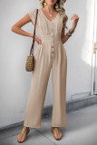 Casual Solid Color Buckle V Neck Loose Jumpsuits