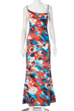 Sexy Irregular Printed Contrast U Neck Long Dresses