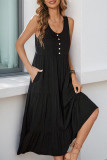 Casual Solid Color Pocket Buttons U Neck Sleeveless Dresses