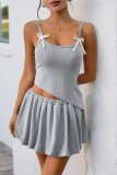 Casual Solid Color Irregular Bow Decor U Neck Sleeveless Two Pieces