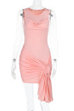 Sexy Solid Color Lace Up O Neck Wrapped Skirt Dresses