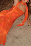 Sexy Floral Print Contrast ribbon Strapless Long Dresses
