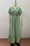 Daily Solid Color Buttons Flounce V Neck A Line Short Sleeve Dress