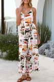 Casual Floral Print Lace Up V Neck Loose Jumpsuits