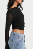 Casual Solid Color See-Through Mesh O Neck Tops
