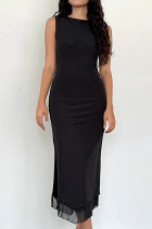 Sexy Solid Color Backless Slit O Neck Sleeveless Dresses