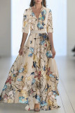 Casual Floral Print Contrast V Neck A Line Dresses