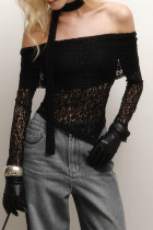 Sexy Solid Color Lace ribbon Off Shoulder Tops