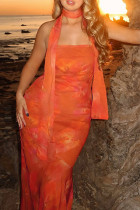 Sexy Floral Print Contrast ribbon Strapless Long Dresses