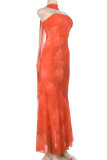 Sexy Floral Print Contrast ribbon Strapless Long Dresses
