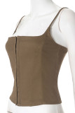 Sexy Solid Color Buckle Square Neck Tops