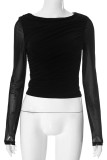 Casual Solid Color See-Through Mesh O Neck Tops