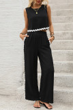 Casual Ripple Pocket Patchwork Contrast O Neck Sleeveless Two Pieces