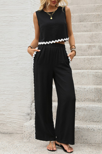 Casual Ripple Pocket Patchwork Contrast O Neck Sleeveless Two Pieces