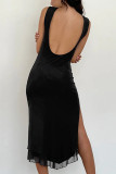 Sexy Solid Color Backless Slit O Neck Sleeveless Dresses