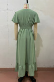Daily Solid Color Buttons Flounce V Neck A Line Short Sleeve Dress