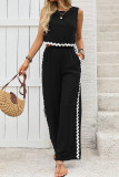 Casual Ripple Pocket Patchwork Contrast O Neck Sleeveless Two Pieces