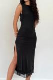 Sexy Solid Color Backless Slit O Neck Sleeveless Dresses