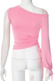 Casual Solid Color Draw String Irregular Oblique Collar Tops