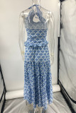 Casual Floral Print Lace Up Flounce Halter Sleeveless Two Pieces