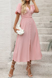 Elegant Solid Color Buttons Ruched Texture V Neck A Line Short Sleeve Dress