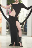 Sexy Solid Color Slit Irregular O Neck Irregular Dresses