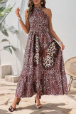 Casual Leopard Print Butterfly Flounce Contrast Halter A Line Dresses