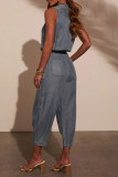 Casual Solid Color Distressed Draw String Pocket Turndown Collar Loose Jumpsuits