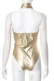 Sexy Solid Color Buttons Ruched Halter Skinny Bodysuits