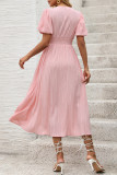 Elegant Solid Color Buttons Ruched Texture V Neck A Line Short Sleeve Dress