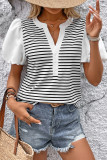Casual Stripe Patchwork Contrast V Neck T-Shirts
