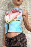 Sexy Flowers Print Lace Up O Neck Tops