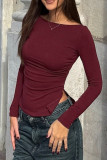 Daily Solid Color Slit Ruched O Neck Tops