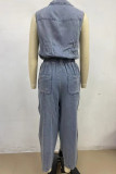 Casual Solid Color Distressed Draw String Pocket Turndown Collar Loose Jumpsuits
