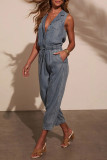 Casual Solid Color Distressed Draw String Pocket Turndown Collar Loose Jumpsuits