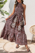 Casual Leopard Print Butterfly Flounce Contrast Halter A Line Dresses