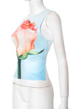 Sexy Flowers Print Lace Up O Neck Tops