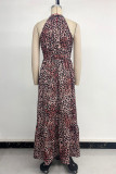 Casual Leopard Print Butterfly Flounce Contrast Halter A Line Dresses