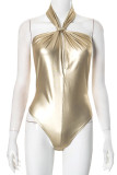Sexy Solid Color Buttons Ruched Halter Skinny Bodysuits