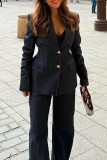 Casual Solid Color Distressed Buttons Turn-back Collar Long Sleeve Three Pieces