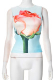 Sexy Flowers Print Lace Up O Neck Tops