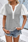 Casual Stripe Patchwork Contrast V Neck T-Shirts