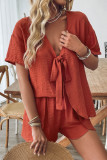 Casual Solid Color Lace Up V Neck Short Sleeve Two Pieces