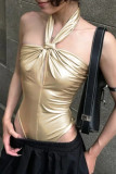 Sexy Solid Color Buttons Ruched Halter Skinny Bodysuits